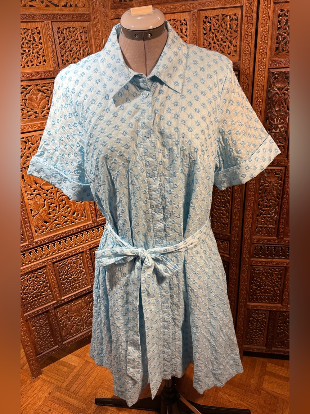 kate spade Light Blue Textured Shirt Dress with Tie Waist